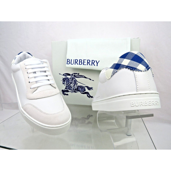 NIB BURBERRY ROBIN WHITE BLUE CHECK LEATHER LOW LOGO SNEAKERS US 11.5 44.5 IT - Picture 1 of 13